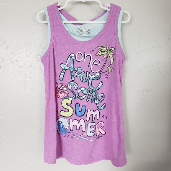 Justice Girls 10 Racerback Tank Top Layered Awesome Sequins Beaded Blue Bow - Picture 1 of 5